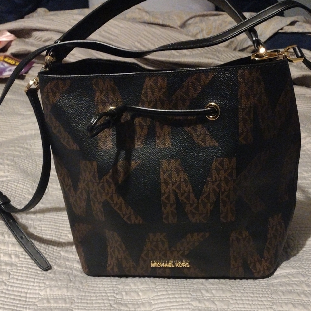Michael Kors Black and Brown Monogram Shoulder Bag